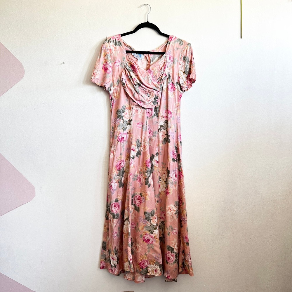 Vintage Pink Floral Maxi Dress Y2K Coquette Cottagecore Romantic Sz‎ 10